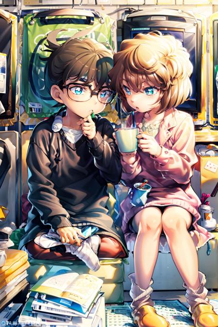 00252-1518339430-masterpiece, best quality,brown hair, 1girl, labcoat, 1boy, slippers, computer, sitting, short hair, sweater, book, phone, cup,.png